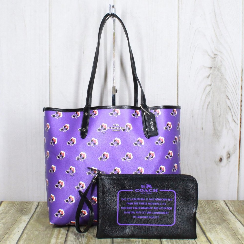 Coach Purple Floral Tote with Black Trim and Wristlet - Picture 1 of 14